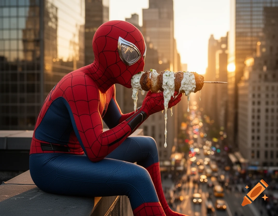 Photorealistic Spider-Man in suit sits on a rooftop, eating a sauce-covered kebab with a city skyline at sunset in background.