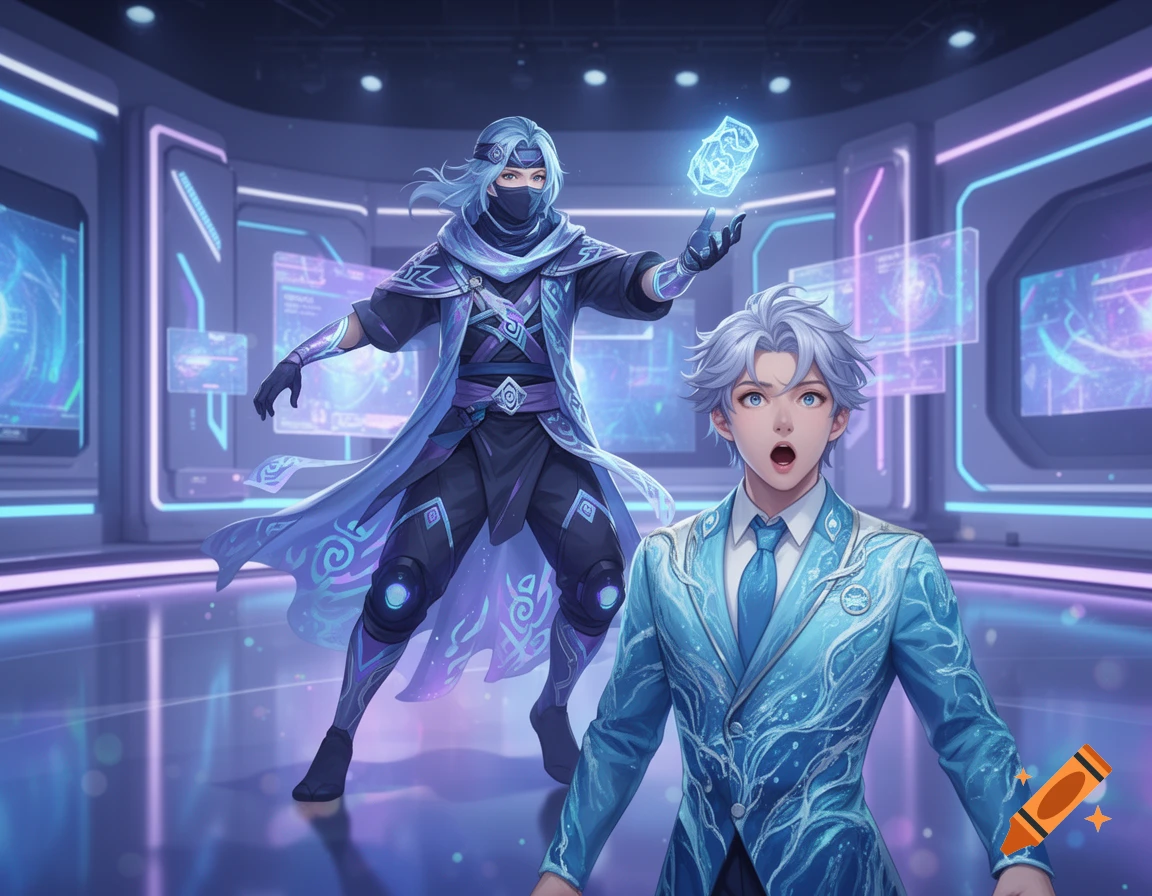 Anime-style scene with two men in a futuristic room. One in a ninja outfit holds a glowing cube, the other in a blue suit looks surprised.