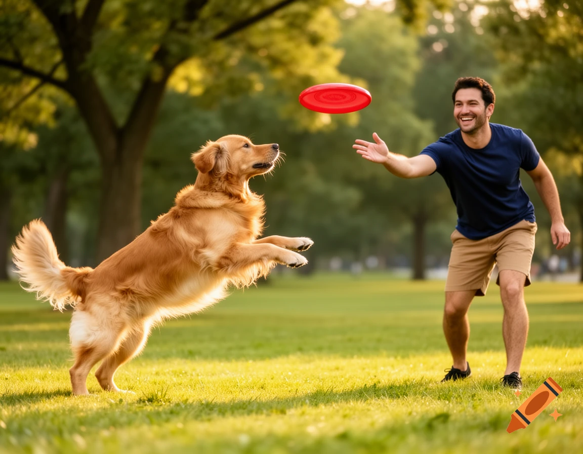 A golden retriever jumps to catch a red frisbee thrown by a smiling man in a sunny park.