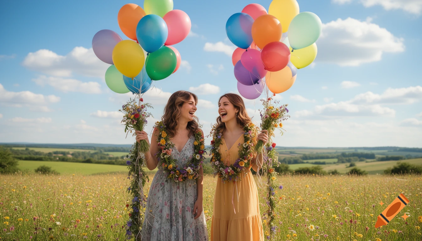 Two smiling women in floral wreaths stand in a sunny wildflower field, holding bouquets and colorful balloons, photorealistic.