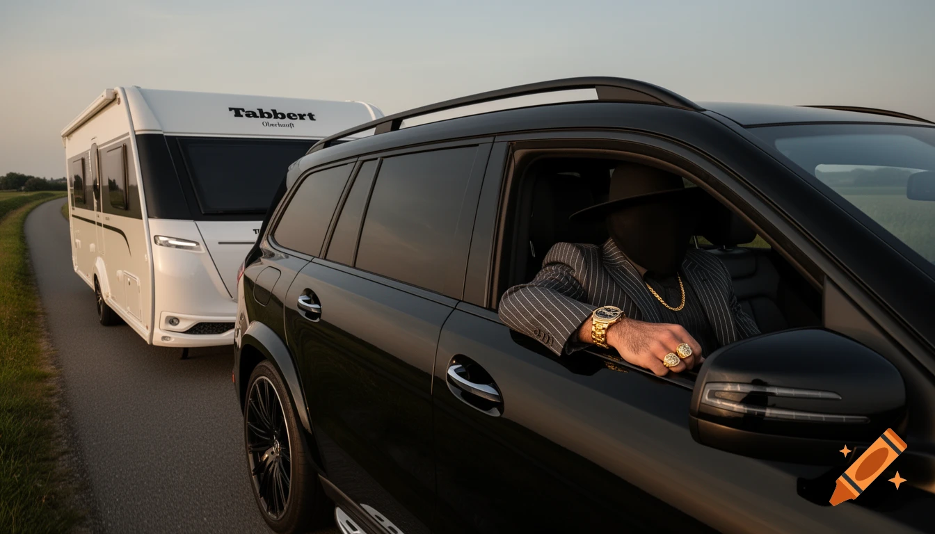 A black luxury SUV tows a white Tabbert caravan on a country road. A masked driver in a pinstripe suit, gold chain, watch, and rings has an arm out the window.