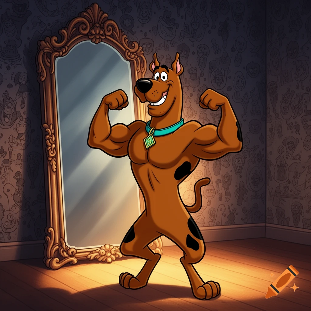 Cartoon Scooby-Doo, with a muscular physique, poses flexing his biceps in front of a tall ornate mirror.