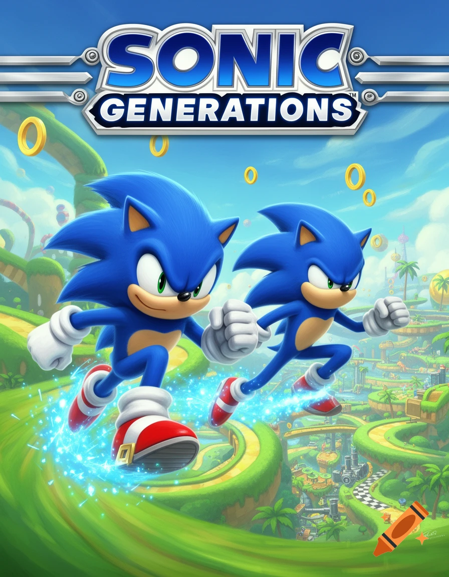 Classic and Modern Sonic run across a vibrant green landscape with gold rings, beneath the 'Sonic Generations' logo.