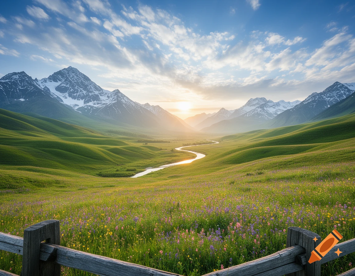 A serene landscape with a winding river flowing through a green meadow with wildflowers, framed by snow-capped mountains under a sunrise.