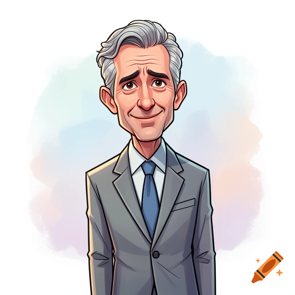 Cartoon caricature of a man with grey wavy hair in a suit and blue tie, smiling, against a subtle watercolor background.