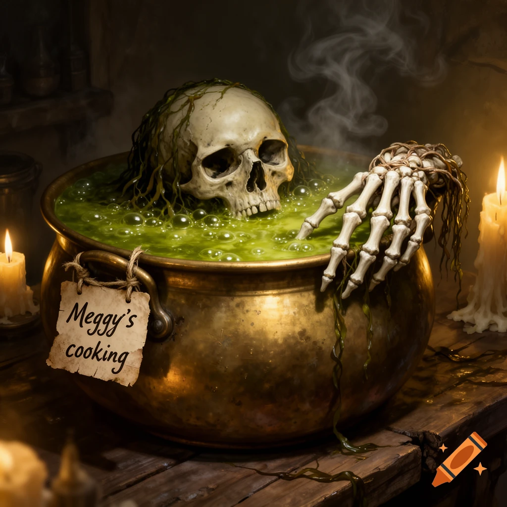A human skull and skeleton hand emerge from a bubbling green liquid in a brass cauldron, labeled 'Meggy's cooking', surrounded by candlelight.