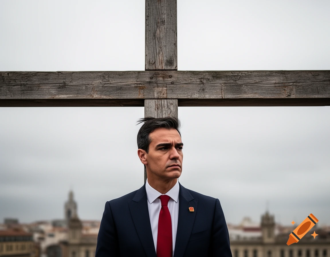 A man in a dark suit and red tie stands with a large wooden cross positioned behind his head, against a blurred city skyline under an overcast sky.