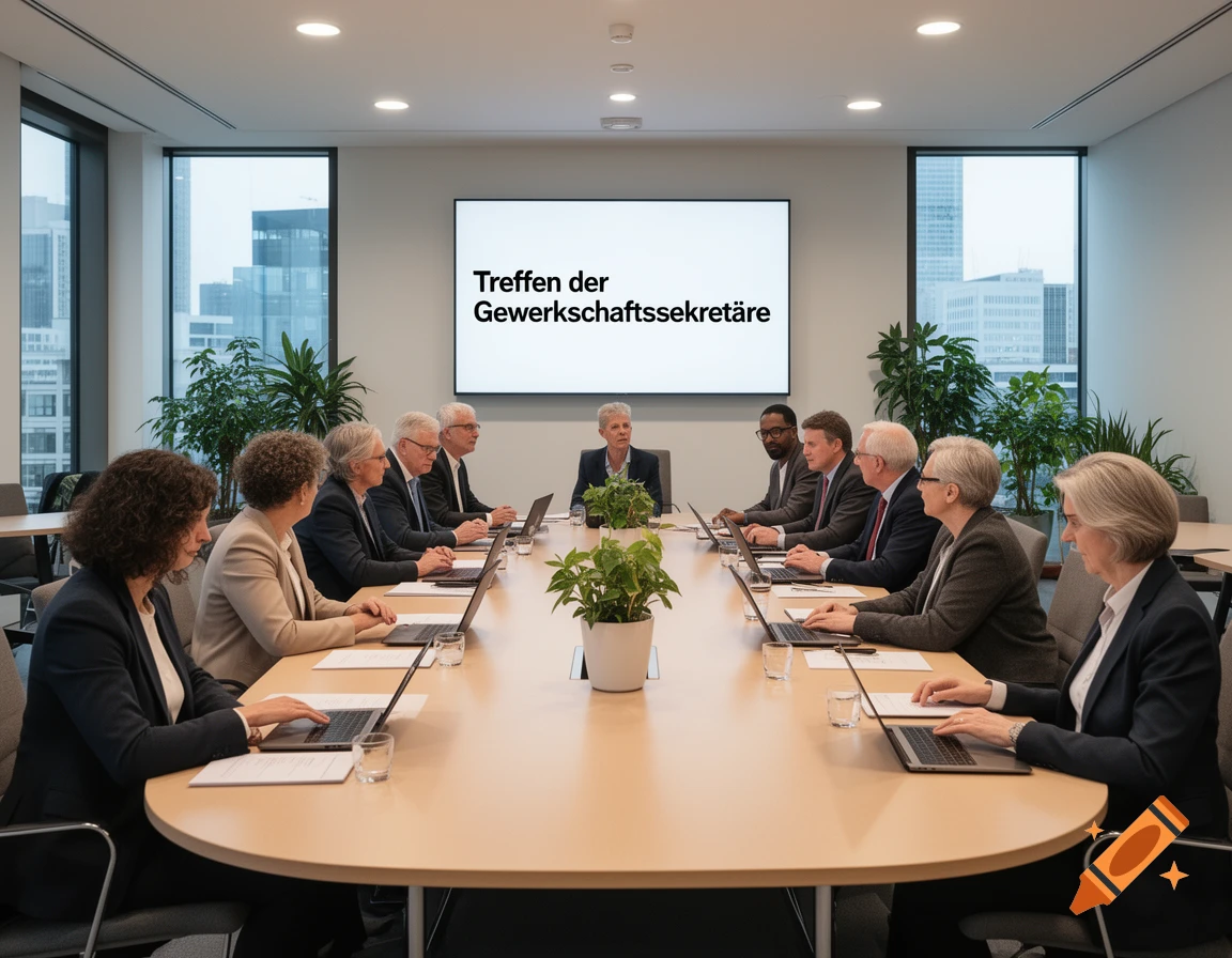 Diverse professionals in a modern conference room, working on laptops. A screen displays 'Treffen der Gewerkschaftssekretäre'.