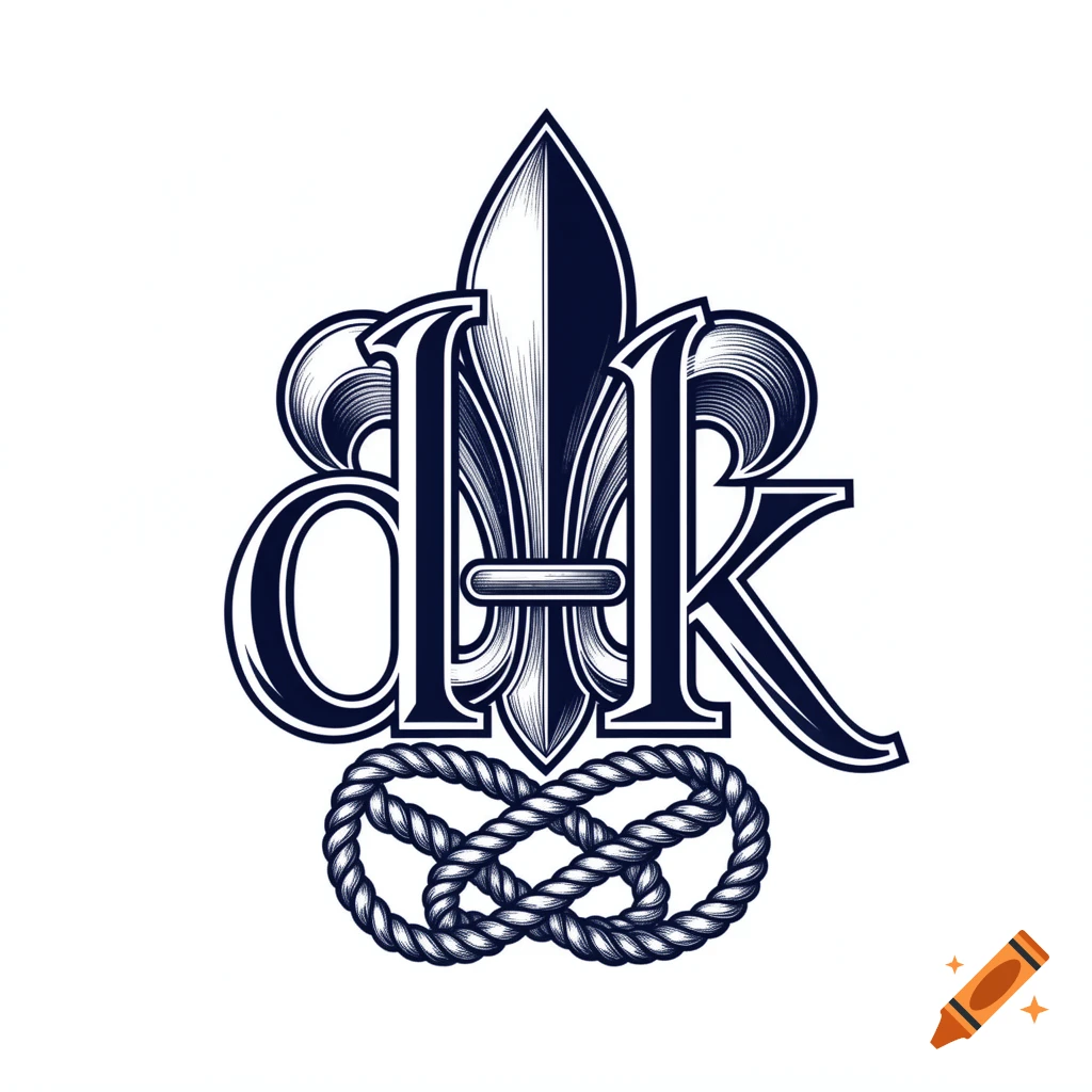 A stylized monogram in deep navy blue, featuring the letters 'd', 'H', and 'K' integrated with a fleur-de-lis design and an infinity knot made of rope at the base.