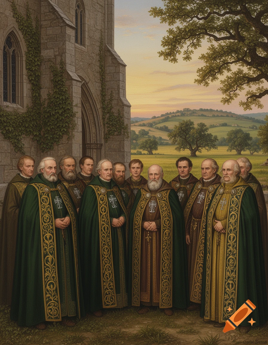 Detailed painting of robed medieval clergy standing outside a stone church at sunset, with a hilly landscape.