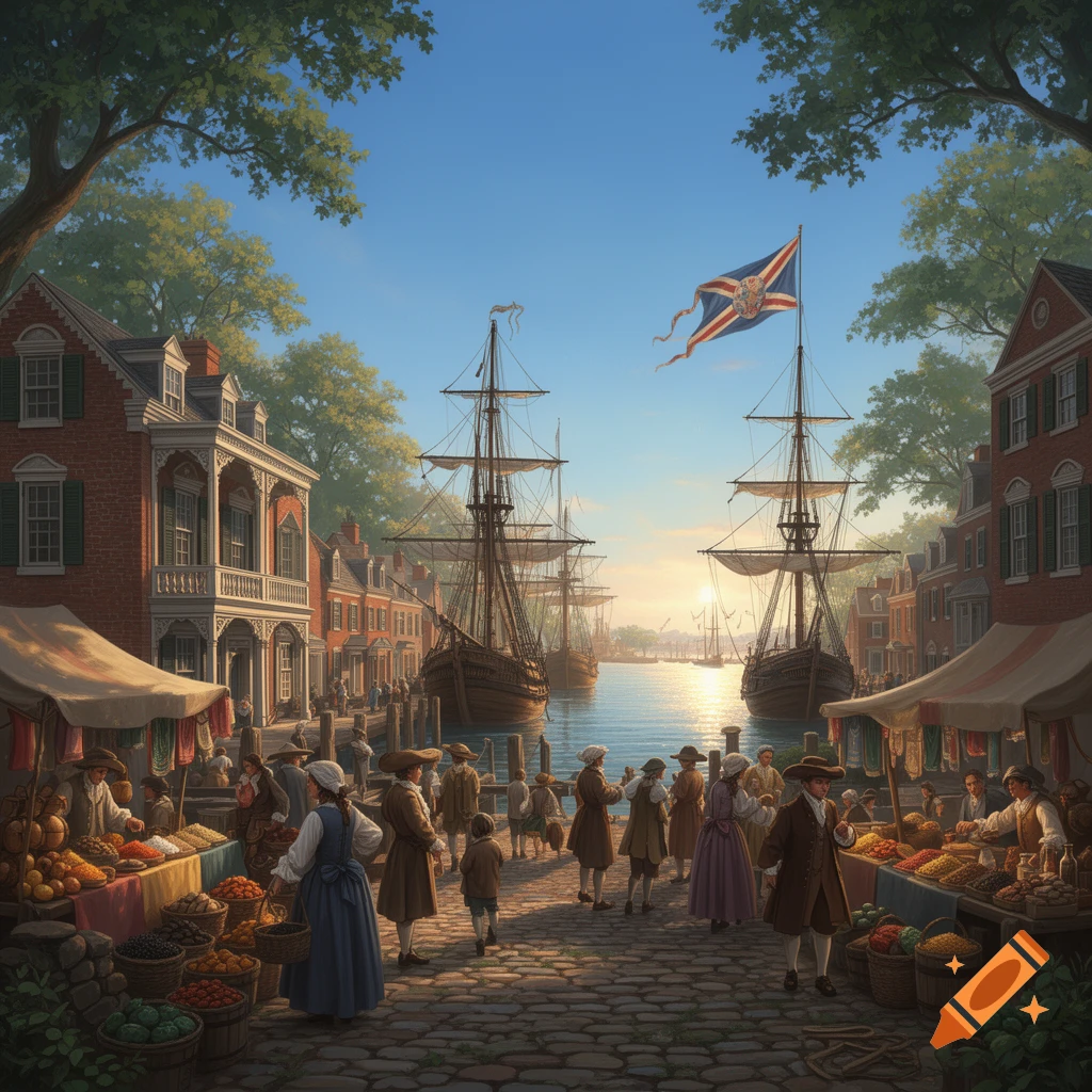 A vibrant 18th-century port city with market stalls, brick buildings, and large sailing ships docked along a sunny waterfront.