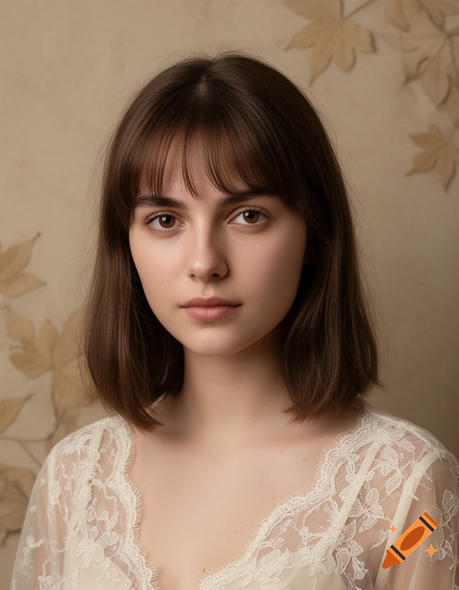 Photorealistic portrait of a young woman with brown hair and bangs, wearing a lace top against a beige wall with leaf patterns.