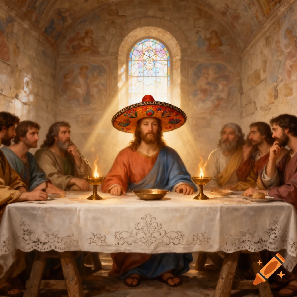 Jesus and his disciples at a long table, depicted in a painting style. Jesus wears a large, colorful sombrero.