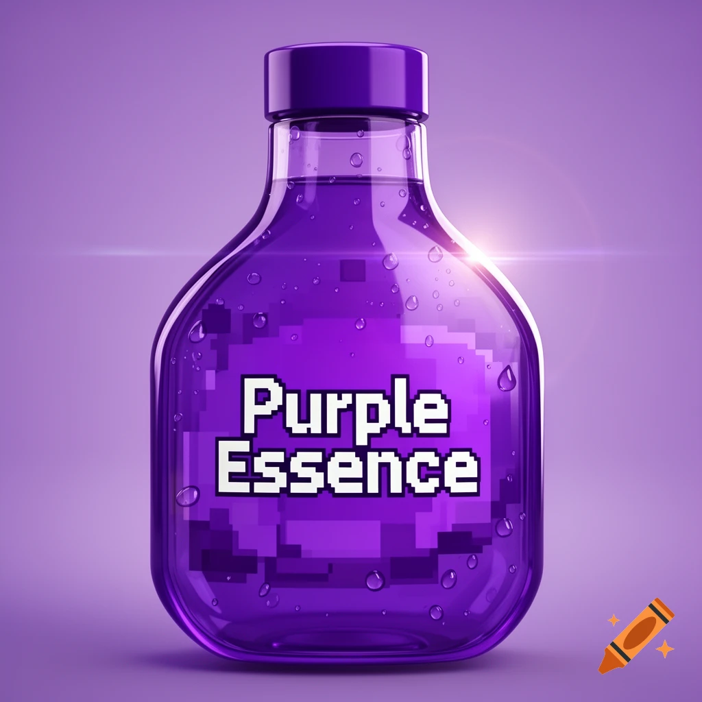 A stylized purple potion bottle labeled "Purple Essence" with pixelated effects and water droplets on a purple background.