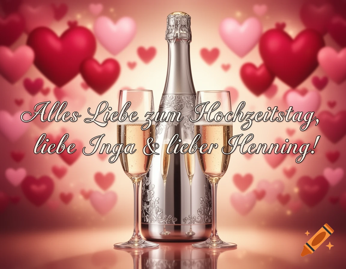 A silver champagne bottle and two glasses with champagne, surrounded by red and pink hearts, with an anniversary greeting text.