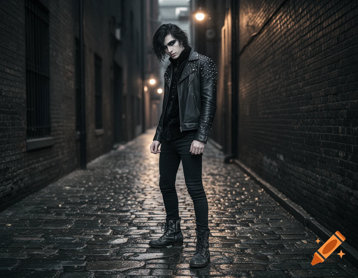 A gothic man in a studded leather jacket and combat boots stands in a dark, wet, cobbled alleyway at night.
