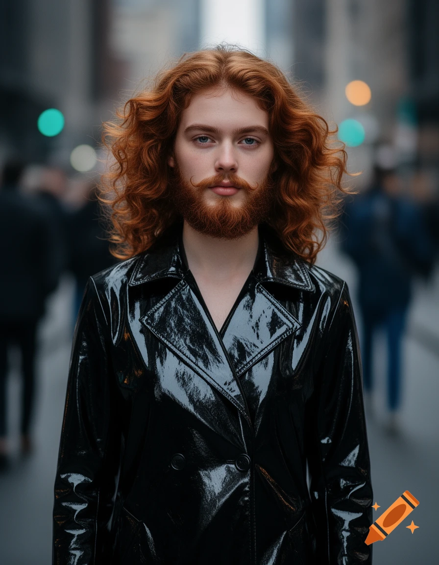 Young person with long red curly hair and a red beard, wearing a shiny black trench coat, standing on a city street.