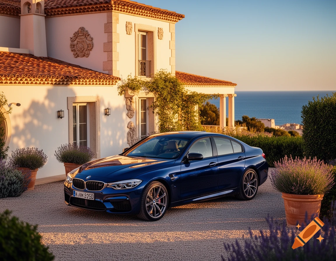 A dark blue BMW sedan is parked on a gravel driveway in front of a grand Mediterranean-style villa, with the sea visible in the background at sunset.