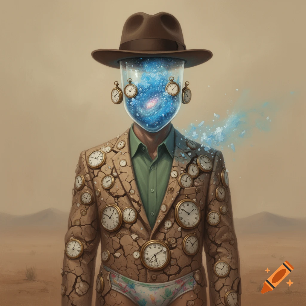 Man in a fedora hat with a galaxy-filled glass head, wearing a cracked earth suit covered in pocket watches, standing in a desert.
