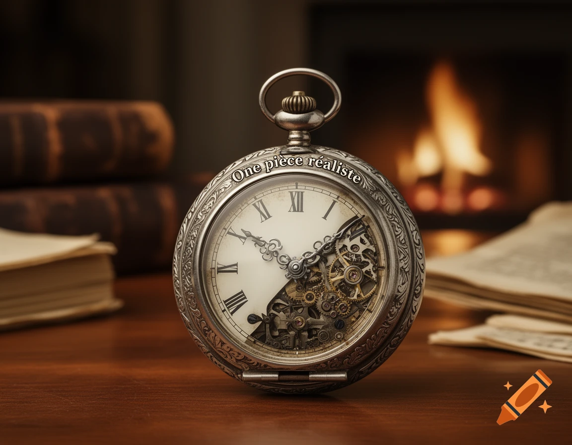 A close-up, photorealistic shot of an ornate silver pocket watch with an exposed gear mechanism, set on a wooden table with books and a fireplace in the blurred background.