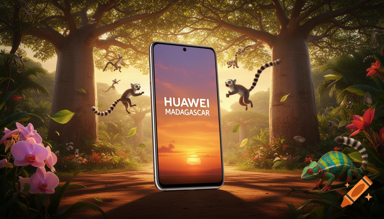 Animated jungle scene with a large smartphone displaying 'HUAWEI MADAGASCAR' at sunset, surrounded by lemurs, a chameleon, and baobab trees.