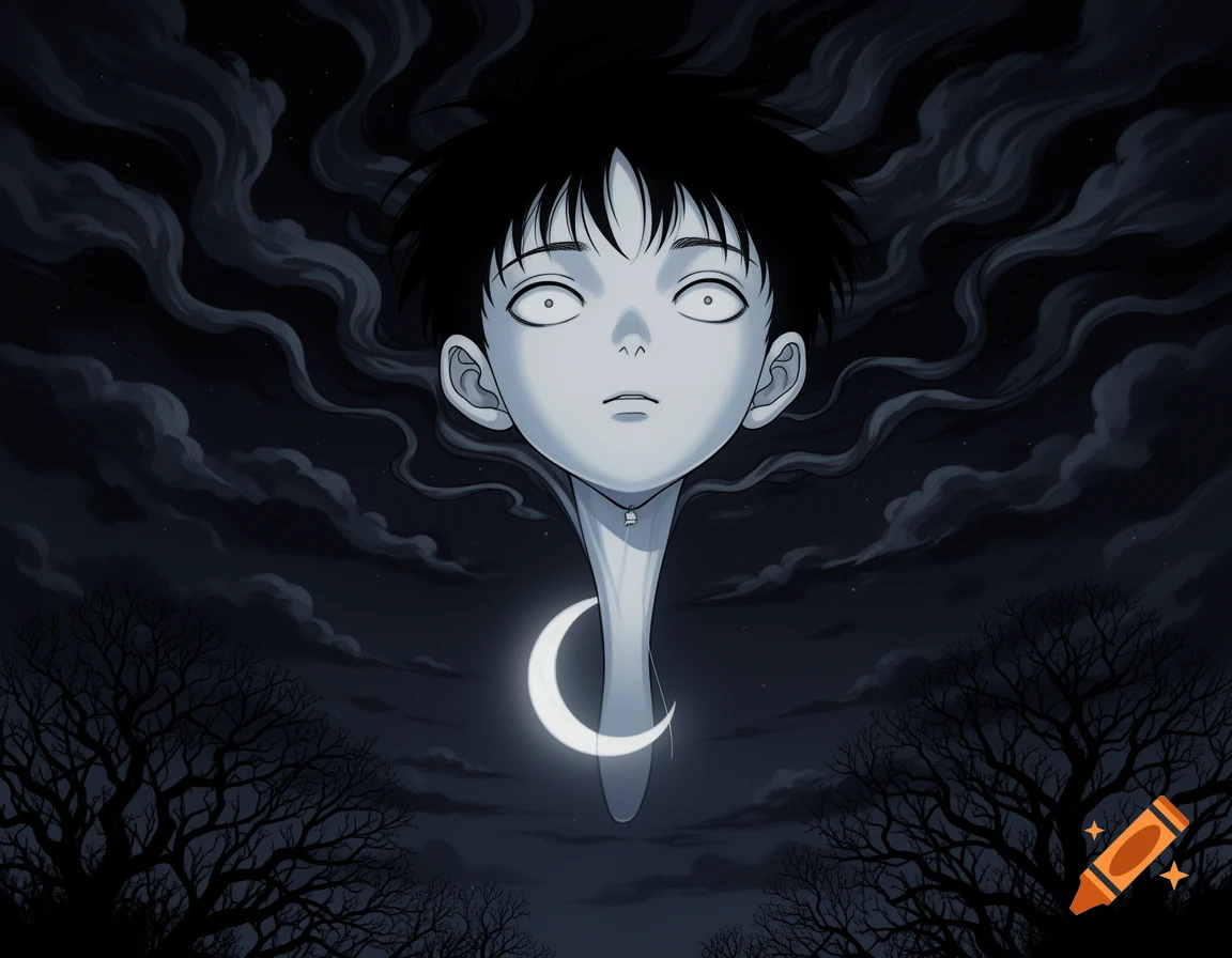 Anime style illustration of a boy's head with an elongated neck in a dark, cloudy night sky with bare trees and a glowing crescent moon.