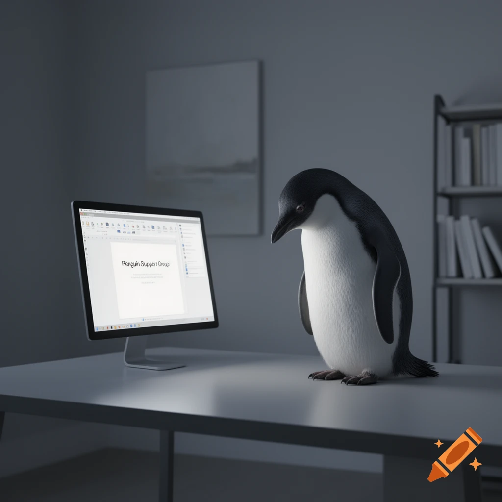 A photorealistic penguin stands on a desk, gazing at a computer screen displaying 'Penguin Support Group' in a dimly lit office.