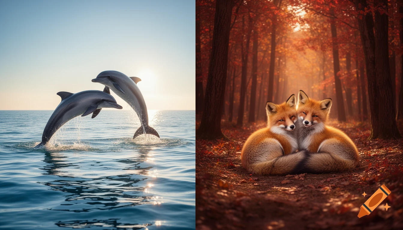 Photorealistic split image of two dolphins jumping out of the ocean at sunrise and two foxes cuddling in a vibrant autumn forest.