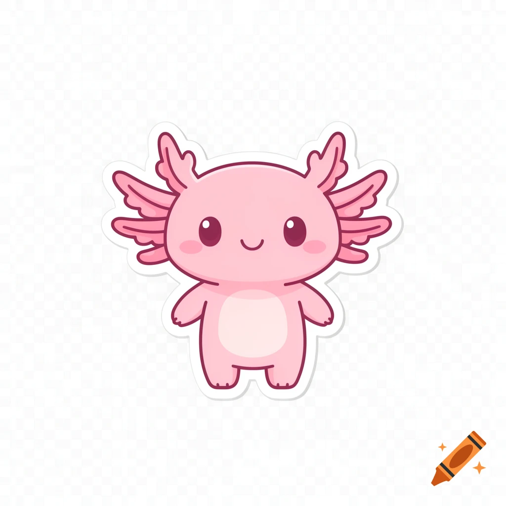 A cute pink kawaii axolotl sticker with a simple clean outline and an adorable face, in a flat design style.
