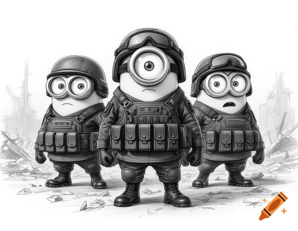 A black and white sketch depicts three Minions in modern military gear standing in a war-torn landscape.