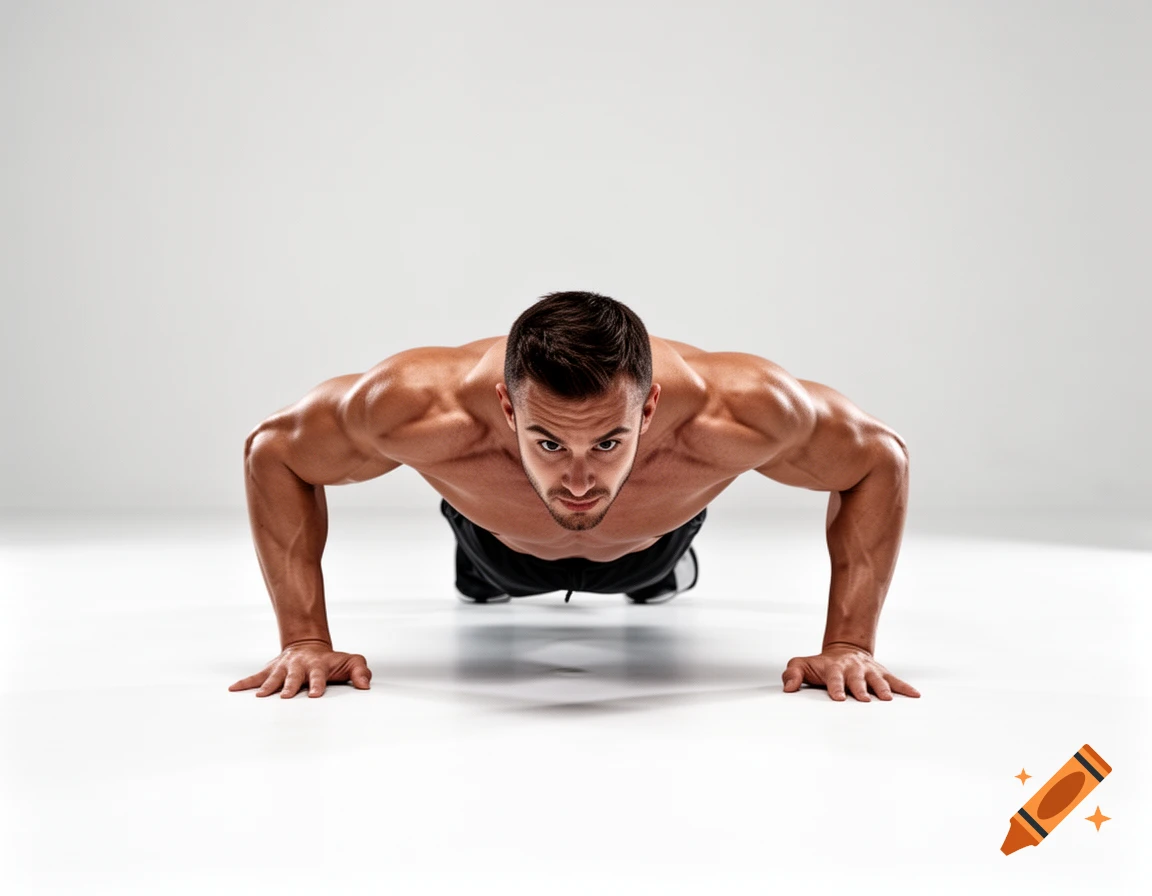 Photorealistic image of a muscular male fitness athlete doing push-ups on a white studio floor.