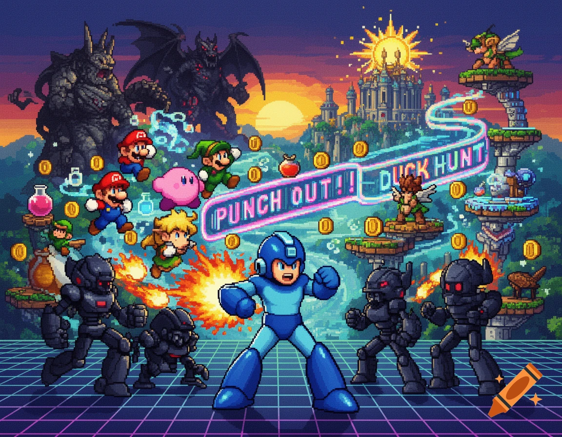 Pixel art collage of classic video game characters including Mega Man, Mario, Link, and Kirby in an action scene with a neon sign.