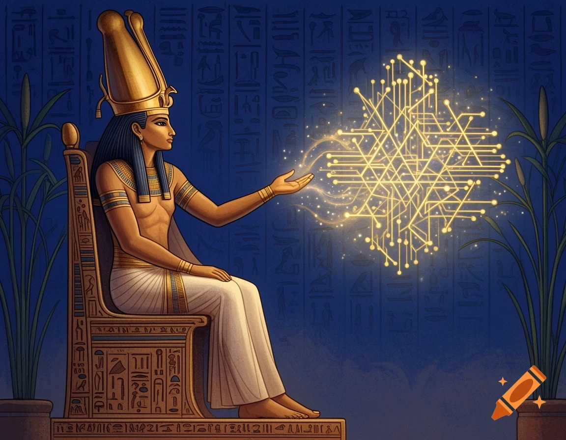 An ancient Egyptian god in a tall gold headdress sits on a throne, gesturing towards a glowing circuit-like AI structure.
