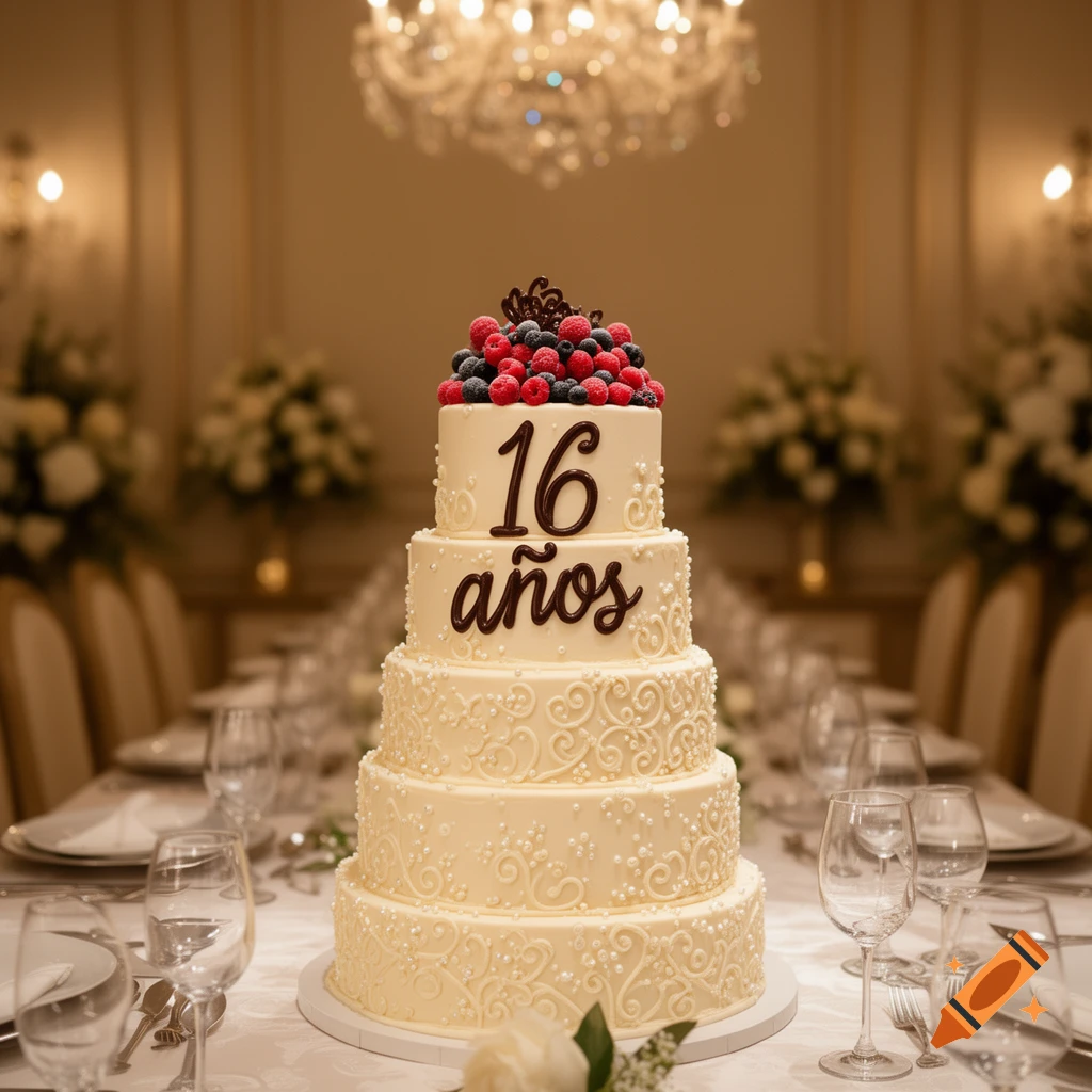 A five-tiered white birthday cake with "16 años" written on it, topped with raspberries and blueberries, on a table set for a formal event.