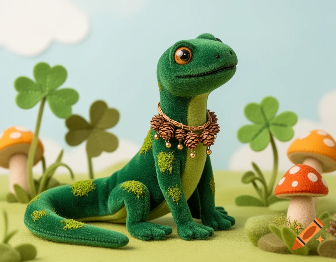 A cute green felt salamander with moss patches and a pine cone necklace sits in a whimsical landscape of felt clovers and mushrooms.