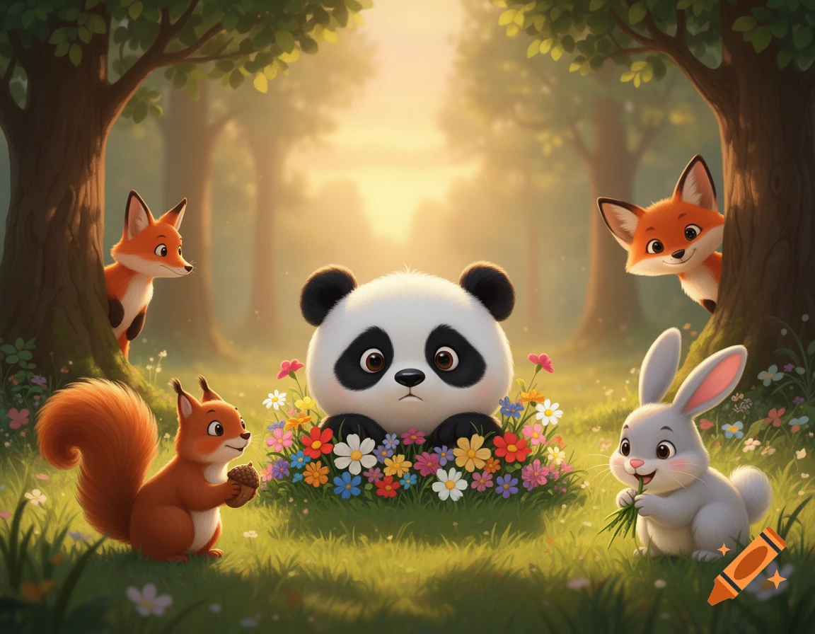 A cute baby panda peeks from colorful flowers in a sunny forest clearing, flanked by a squirrel, bunny, and two foxes. Cartoon illustration.