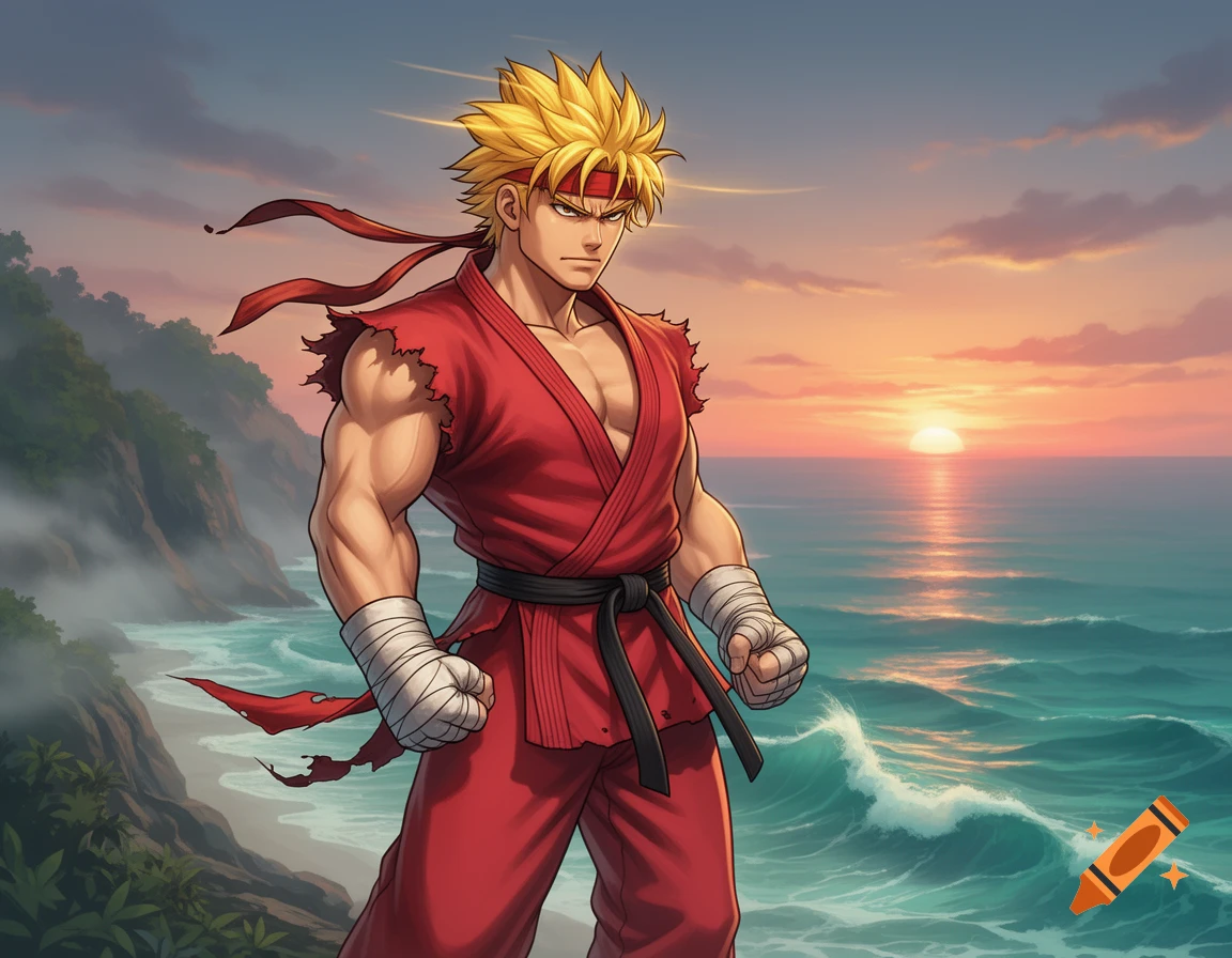 Anime-style Ken from Street Fighter, wearing a torn red gi, stands muscularly on a cliff overlooking the ocean at sunset.