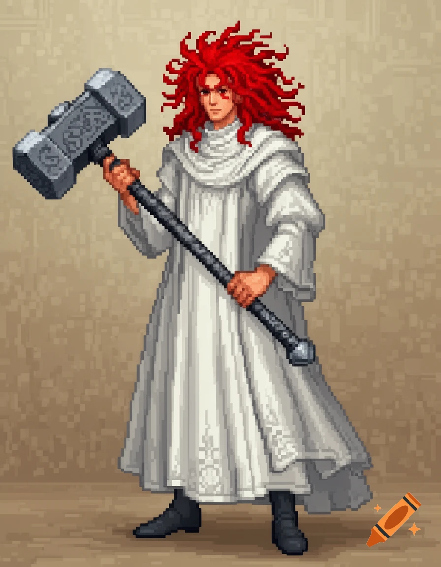 Pixel art portrait of a young male with wild red hair in a white robe holding a large warhammer.