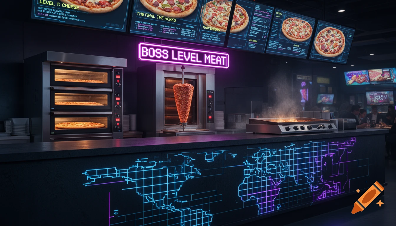 A cyberpunk-style food counter with glowing neon pixel art on the front, serving pizza and donair meat, with menu boards and a 'BOSS LEVEL MEAT' sign.