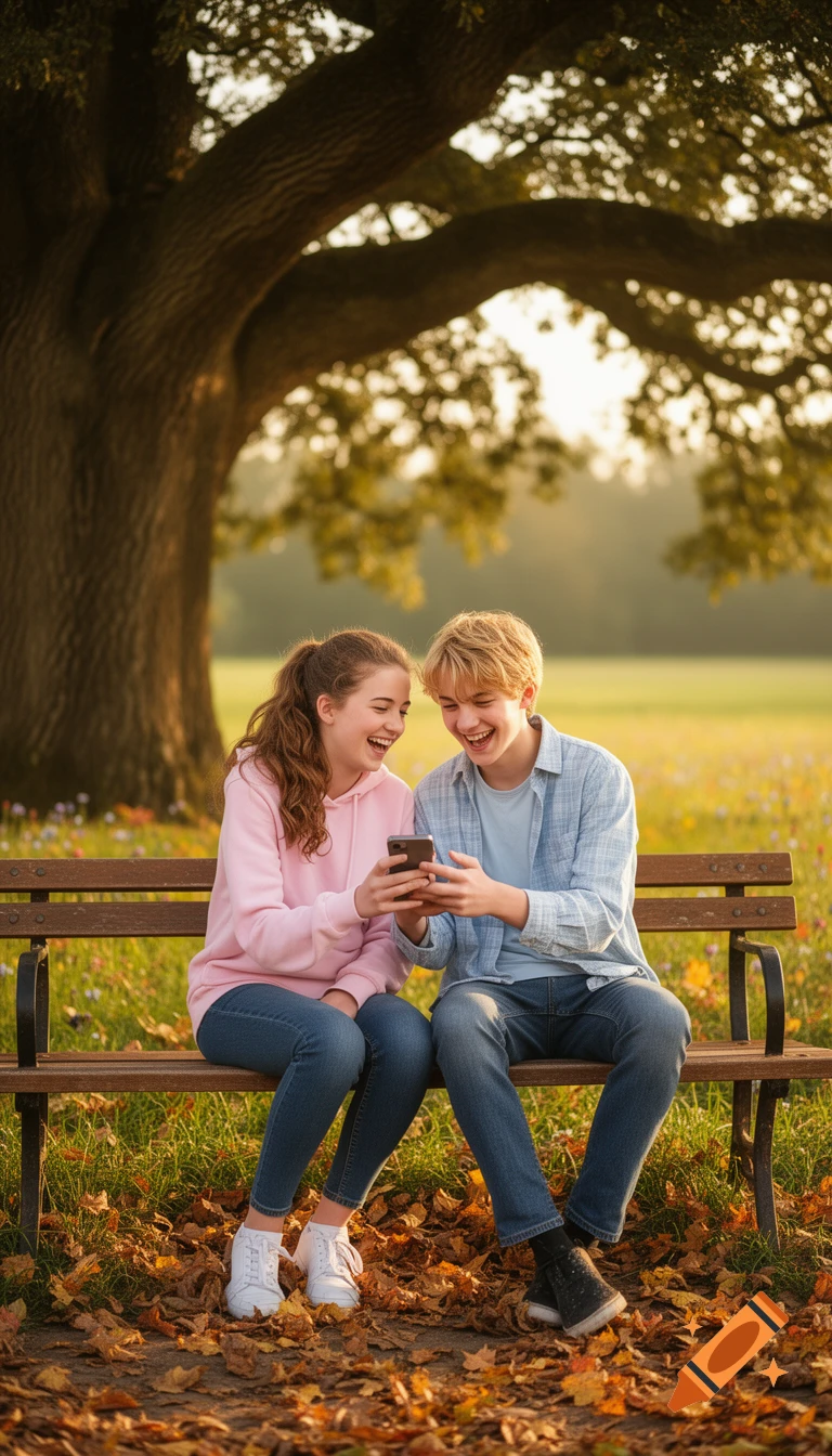 Two laughing teenagers share a phone on a park bench surrounded by autumn leaves, bathed in sunlight.