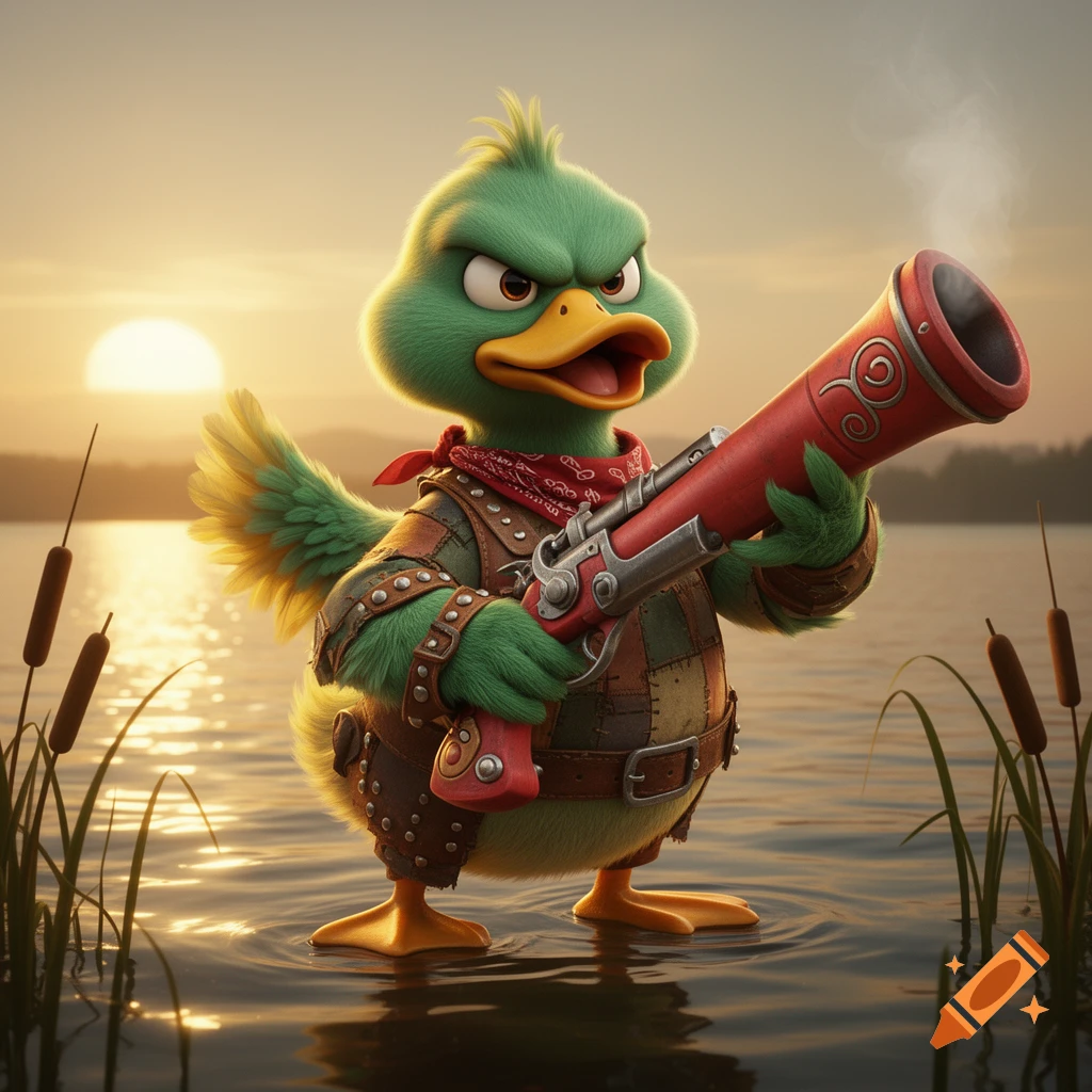 Angry green cartoon duck in a vest and bandana stands in water at sunset, holding a smoking red blunderbuss.