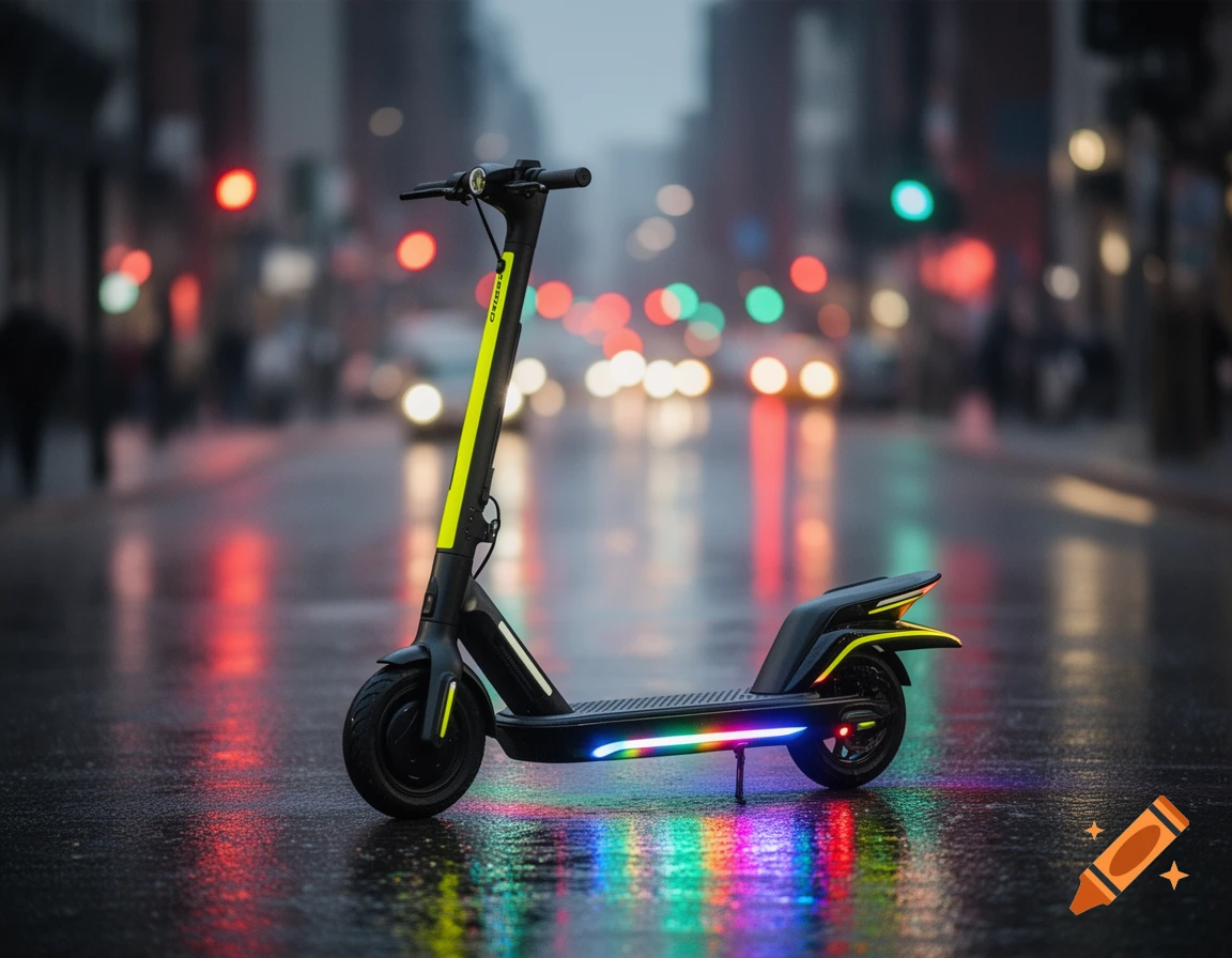 Photorealistic black and neon yellow electric scooter with colorful underglow lighting on a wet city street at night, with reflections of city lights.