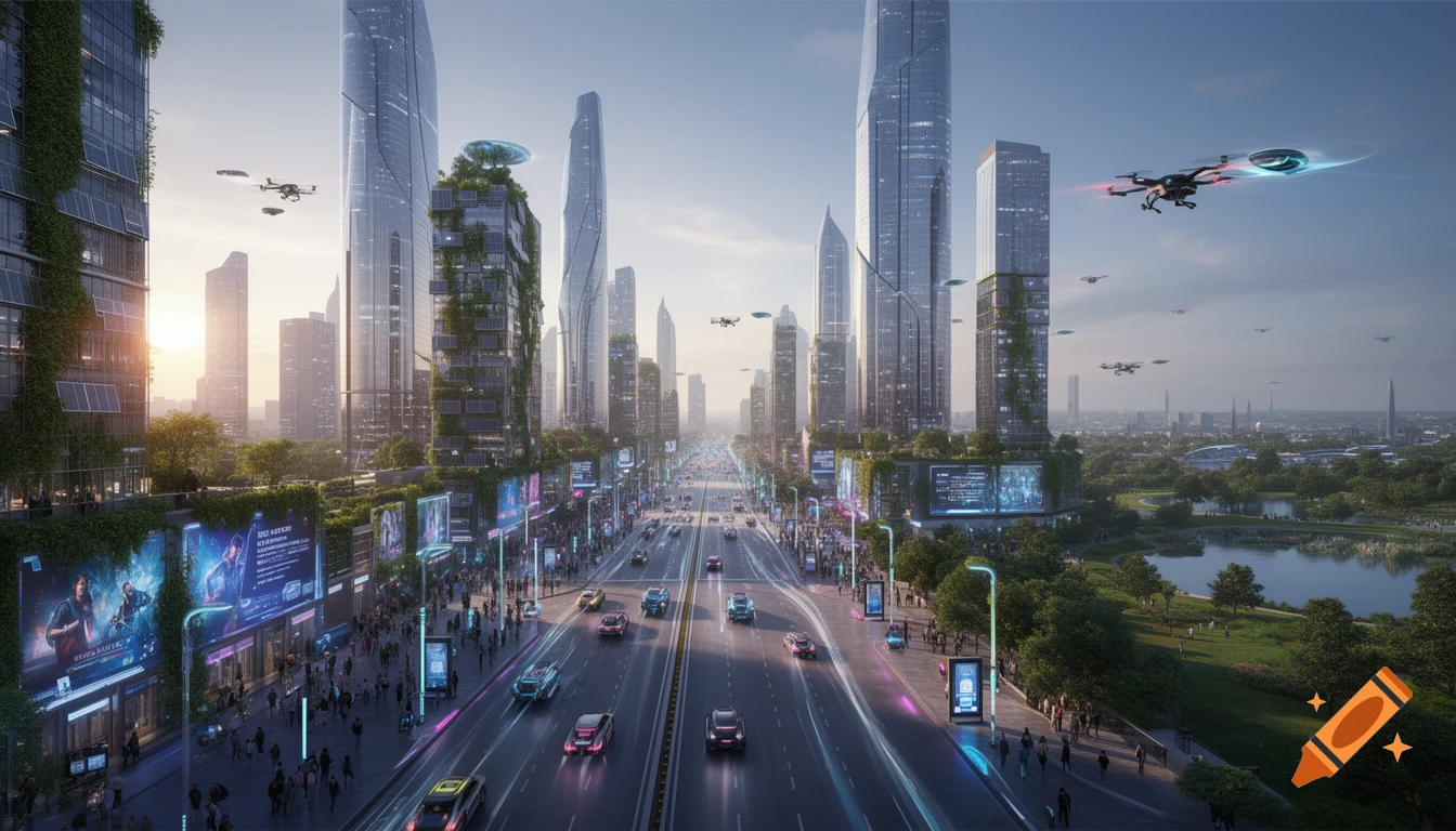 A futuristic city street with tall skyscrapers, flying drones, bright digital billboards, and bustling pedestrian traffic at sunset.