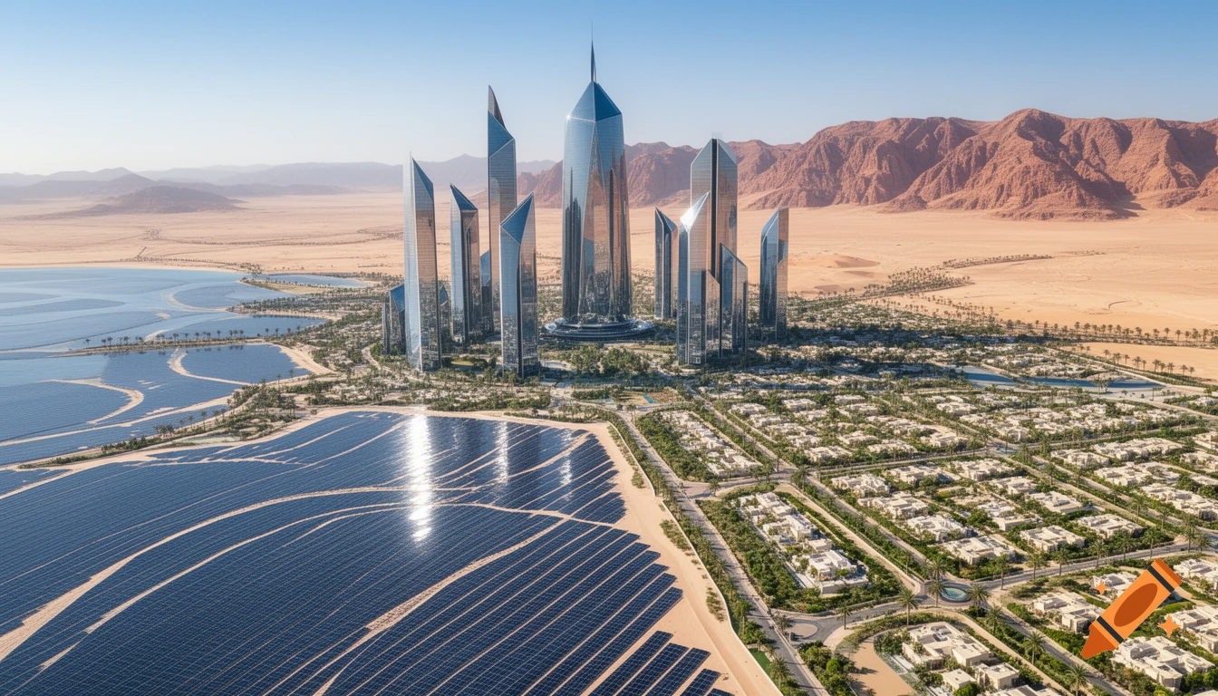 Aerial view of a futuristic city in a desert, with tall, reflective skyscrapers, vast solar panel fields, and residential areas by a lake.