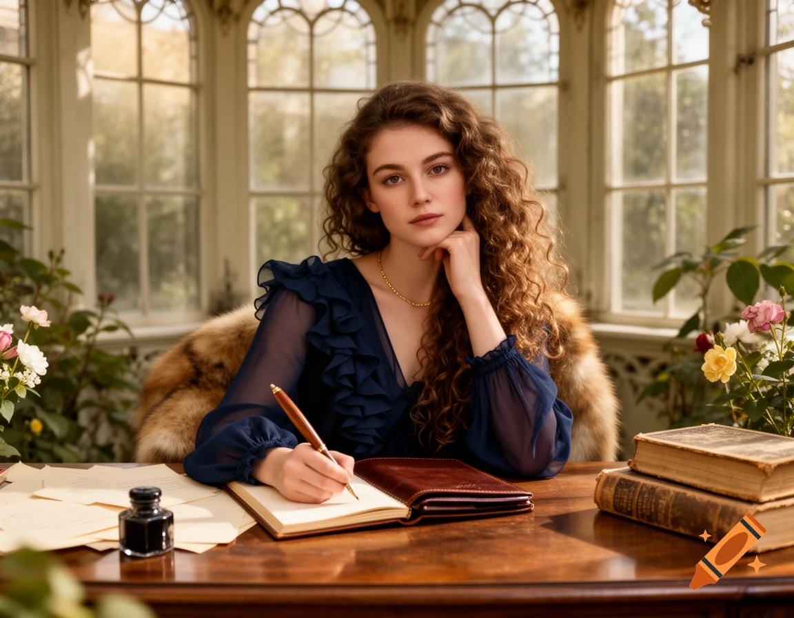 A serene woman with long curly hair writes in a notebook at a vintage wooden desk in a sunlit Victorian winter garden.