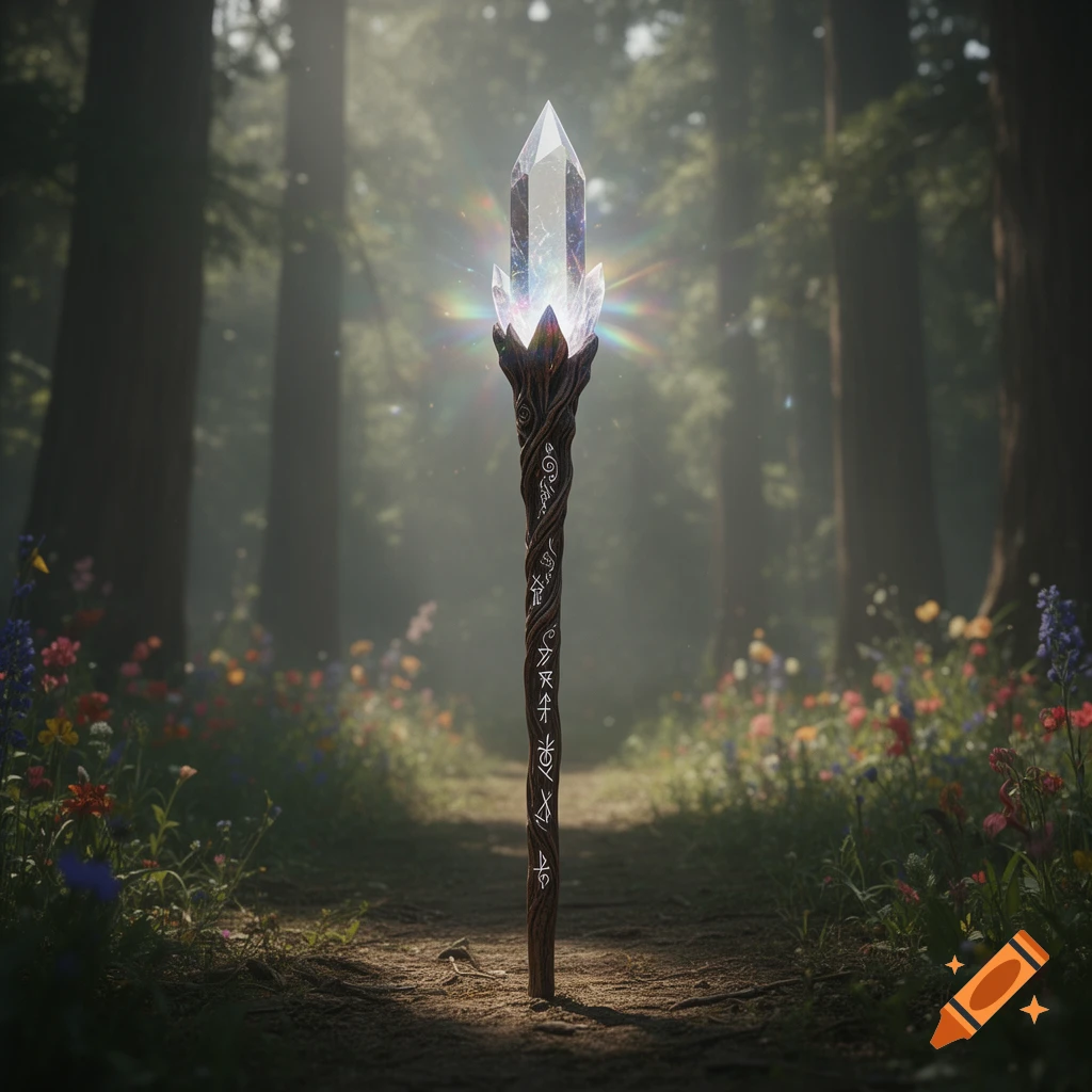 A magical staff with a glowing crystal top stands upright on a forest path, surrounded by wildflowers and dappled sunlight.