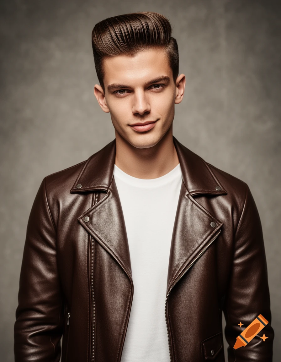 A photorealistic portrait of a young man with a modern pompadour hairstyle and a brown leather jacket.