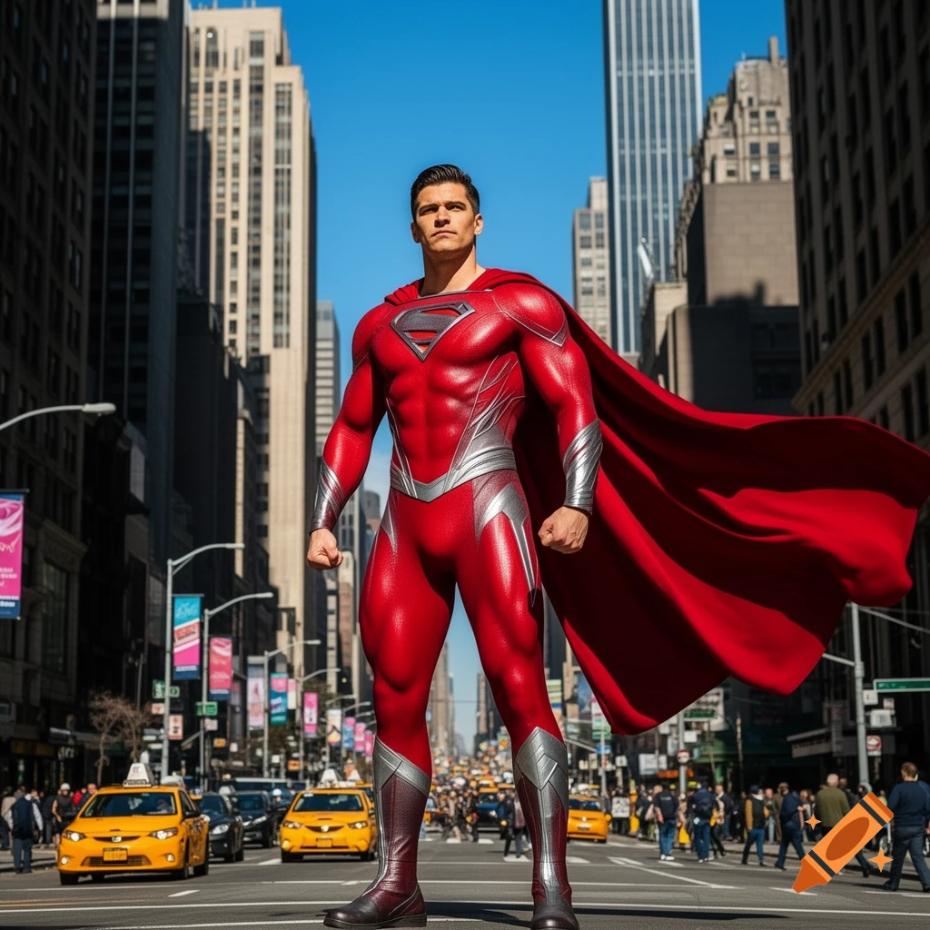 A photorealistic male superhero in a red and silver suit with a flowing red cape stands confidently in the middle of a busy city street filled with yellow taxis and tall buildings.