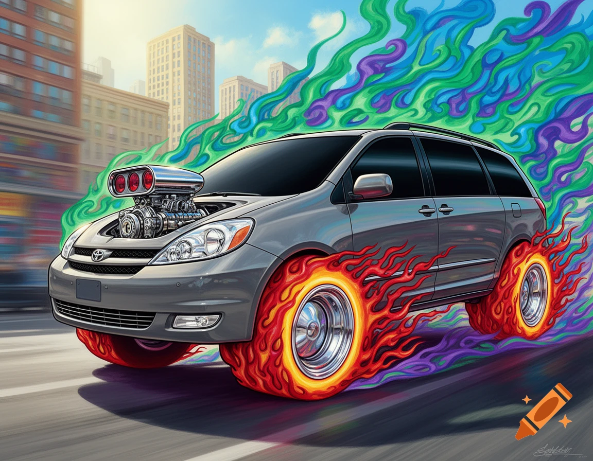 A stylized gray Toyota Sienna minivan in Ed Roth hot rod style, with an exposed engine and flaming wheels, speeds through a city, leaving colorful psychedelic smoke trails.