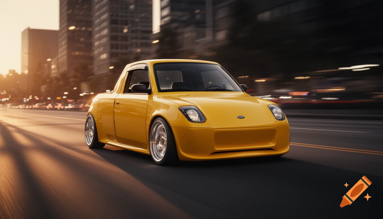 A sleek yellow custom car with chrome wheels drives down a city street at sunset with motion blur, captured with cinematic lighting.